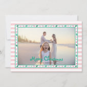 Pink and Green Holly Leaves Border Family Photo Feestdagenkaart (Voorkant)