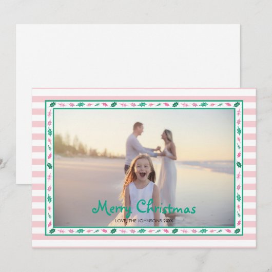Pink and Green Holly Leaves Border Family Photo Feestdagenkaart (Voorkant / Achterkant)