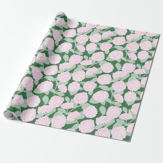 Pink and Green Hydrangea Floral Cadeaupapier (Uitgerold)