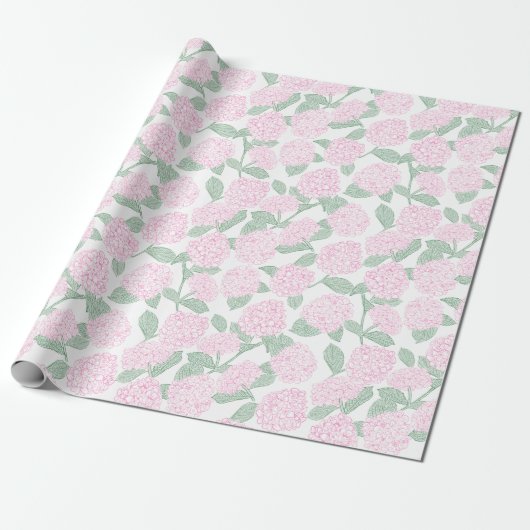 Pink and Green Hydrangea Floral Cadeaupapier (Uitgerold)