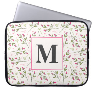 Pink and Green Long Stem Wildflowers Monogram Laptop Sleeve