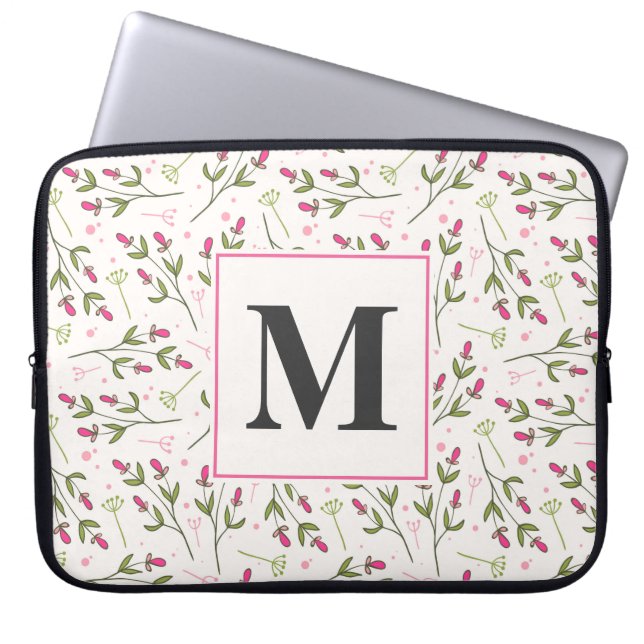 Pink and Green Long Stem Wildflowers Monogram Laptop Sleeve (Voorkant)