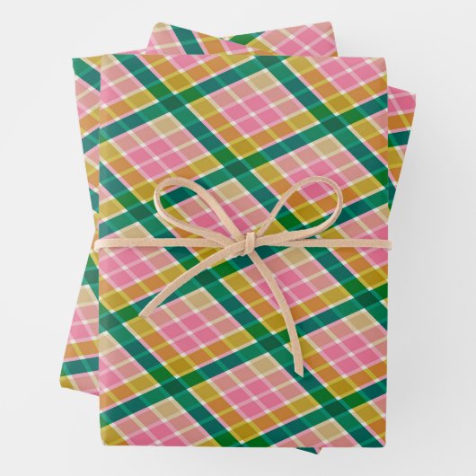 Pink and Green Modern Plaid Christmas Pattern Inpakpapier Vel (In situ)