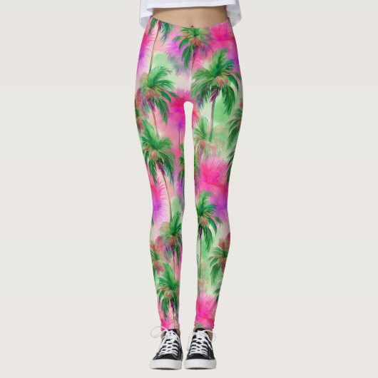 Pink and Green Palm Trees Tropical Patterned Leggings (Voorkant)