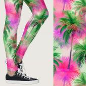 Pink and Green Palm Trees Tropical Patterned Leggings