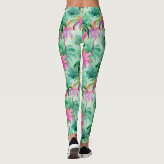 Pink and Green Palm Trees Tropical Patterned Leggings (Achterkant)