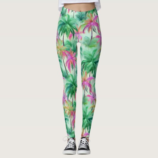 Pink and Green Palm Trees Tropical Patterned Leggings (Voorkant)
