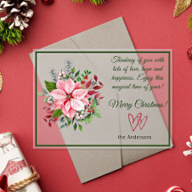 Pink and Green Poinsettia Frosted Christmas Card