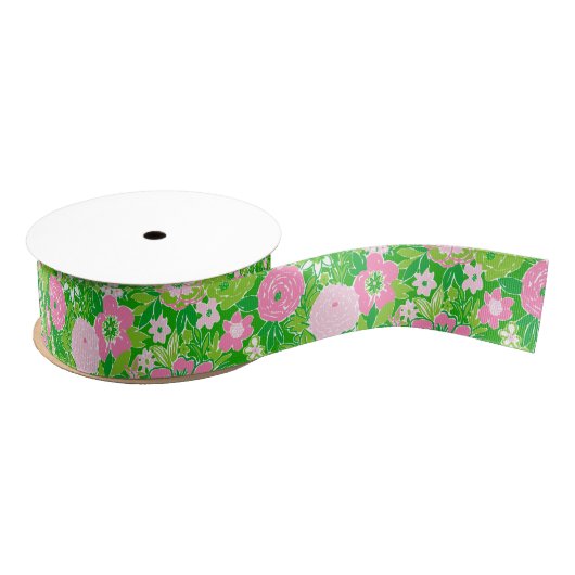Pink and Green Preppy Palm Beach Floral Grosgrain Lint (Spoel)