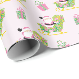 Pink and Green Preppy Palm Beach Santa Claus Cadeaupapier