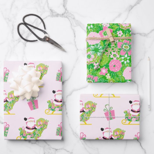 Pink and Green Preppy Palm Beach Santa Claus Inpakpapier Vel (Voorkant)