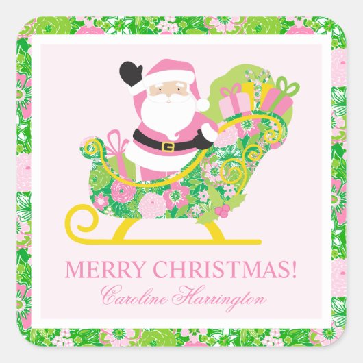 Pink and Green Preppy Palm Beach Santa Enclosure Vierkante Sticker (Voorkant)