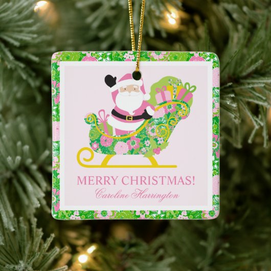 Pink and Green Preppy Palm Beach Santa Keramisch Ornament (Boom)