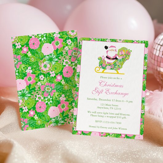 Pink and Green Preppy Palm Beach Santa Party Kaart