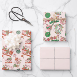 Pink and Green Retro Christmas Inpakpapier Vel