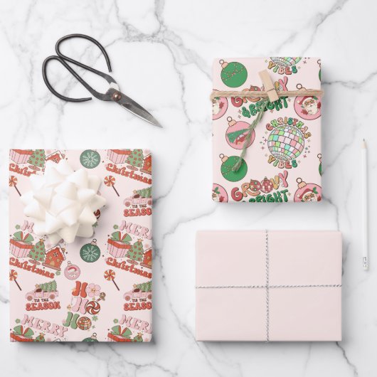 Pink and Green Retro Christmas  Inpakpapier Vel (Voorkant)