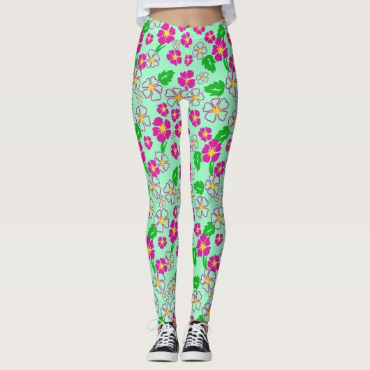 Pink and Green Tropical Flowers Patterned Leggings (Voorkant)