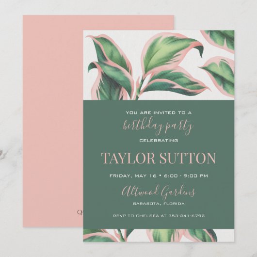 Pink and Green Tropical Foliage Birthday Party Kaart (Voorkant / Achterkant)