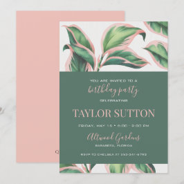 Pink and Green Tropical Foliage Birthday Party Kaart