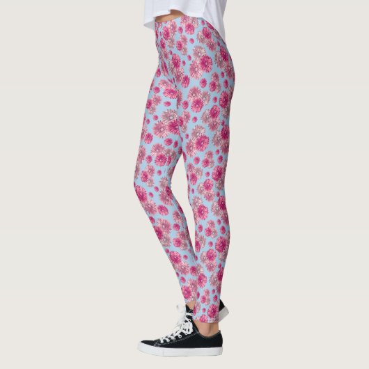 Pink and light blue gerbera daisy floral Patterned Leggings (Links)