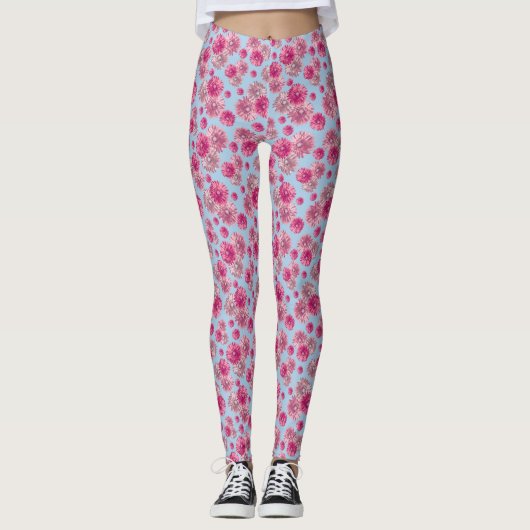 Pink and light blue gerbera daisy floral Patterned Leggings (Voorkant)