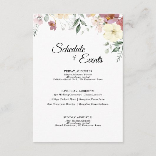 Pink and Mauve  Floral Wedding Schedule Informatiekaartje (Voorkant)