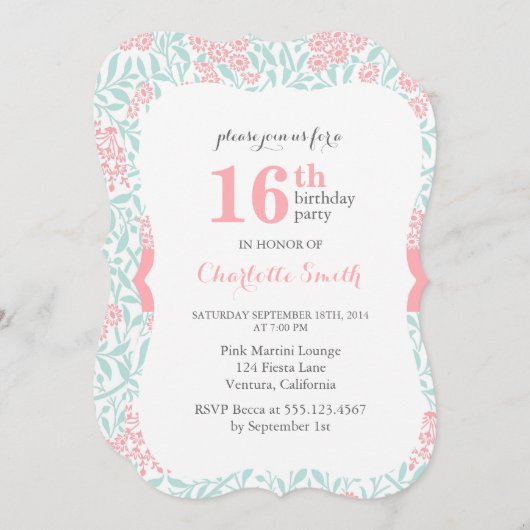 Pink and Mint Floral Pattern Birthday Party Kaart (Voorkant / Achterkant)