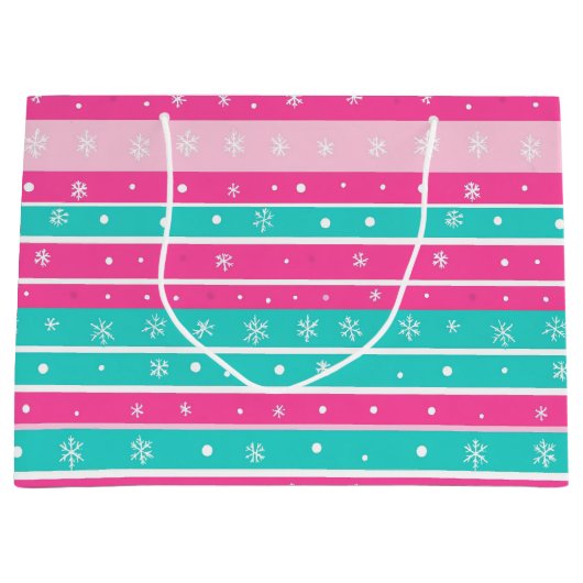 Pink and Mint Horizontal Striped Snowflake Groot Cadeauzakje (Voorkant)