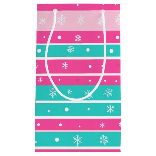 Pink and Mint Horizontal Striped Snowflake Klein Cadeauzakje (Voorkant)