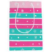 Pink and Mint Horizontal Striped Snowflake Medium Cadeauzakje (Voorkant)
