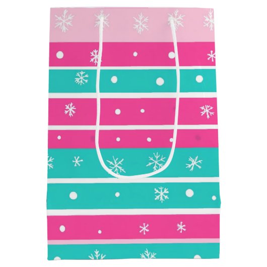 Pink and Mint Horizontal Striped Snowflake Medium Cadeauzakje (Achterkant)