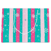 Pink and Mint Vertical Striped Snowflake Groot Cadeauzakje (Voorkant)