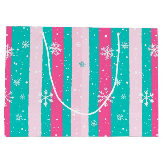 Pink and Mint Vertical Striped Snowflake Groot Cadeauzakje (Achterkant)