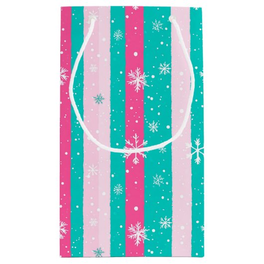 Pink and Mint Vertical Striped Snowflake Klein Cadeauzakje (Achterkant)