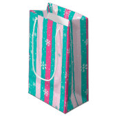 Pink and Mint Vertical Striped Snowflake Klein Cadeauzakje (Voorkant Gekanteld)