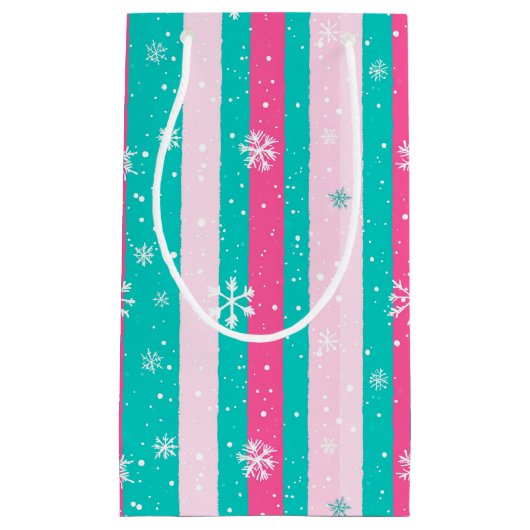 Pink and Mint Vertical Striped Snowflake Klein Cadeauzakje (Voorkant)