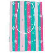Pink and Mint Vertical Striped Snowflake Medium Cadeauzakje (Voorkant)