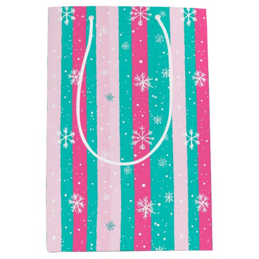 Pink and Mint Vertical Striped Snowflake Medium Cadeauzakje (Voorkant)