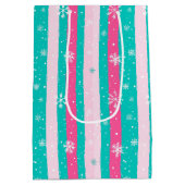 Pink and Mint Vertical Striped Snowflake Medium Cadeauzakje (Achterkant)