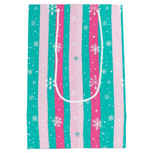 Pink and Mint Vertical Striped Snowflake Medium Cadeauzakje (Achterkant)
