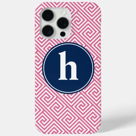 Pink and Navy Blue Greek Key Pattern Monogram Case-Mate iPhone Case (Achterkant)