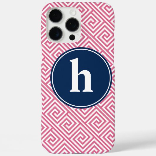 Pink and Navy Blue Greek Key Pattern Monogram Case-Mate iPhone Case (Achterkant)