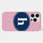 Pink and Navy Blue Greek Key Pattern Monogram iPhone Hoesje (Achterkant horizontaal)