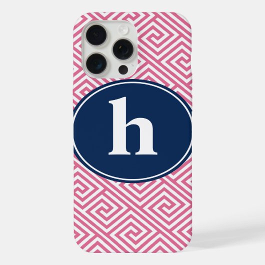 Pink and Navy Blue Greek Key Pattern Monogram iPhone Hoesje (Achterkant)