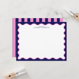 Pink and Navy Wavy Frame Note Card with Striped Ba Kaart