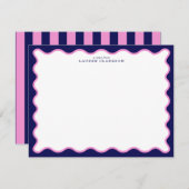 Pink and Navy Wavy Frame Note Card with Striped Ba Kaart (Voorkant / Achterkant)