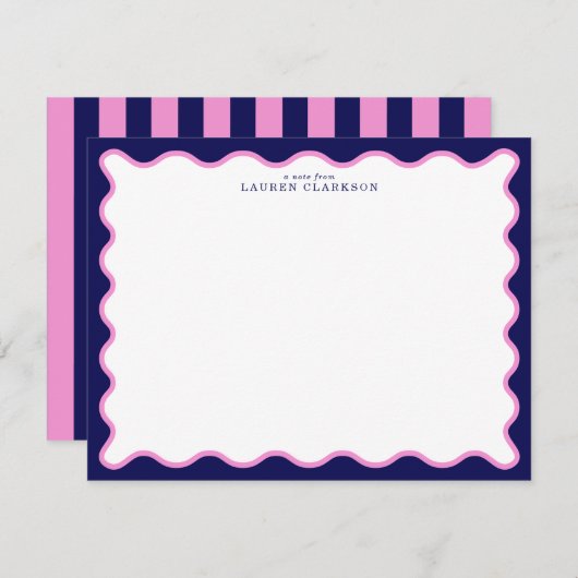 Pink and Navy Wavy Frame Note Card with Striped Ba Kaart (Voorkant / Achterkant)