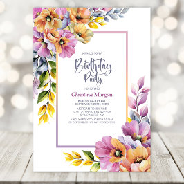 Pink and Orange Floral Any Age Birthday Party Kaart