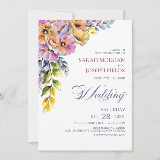 Pink and Orange Floral Wedding  Kaart (Voorkant)