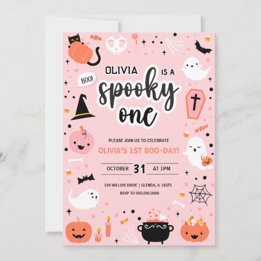 Pink and Orange Halloween 1st Birthday Invitation  Kaart (Voorkant)